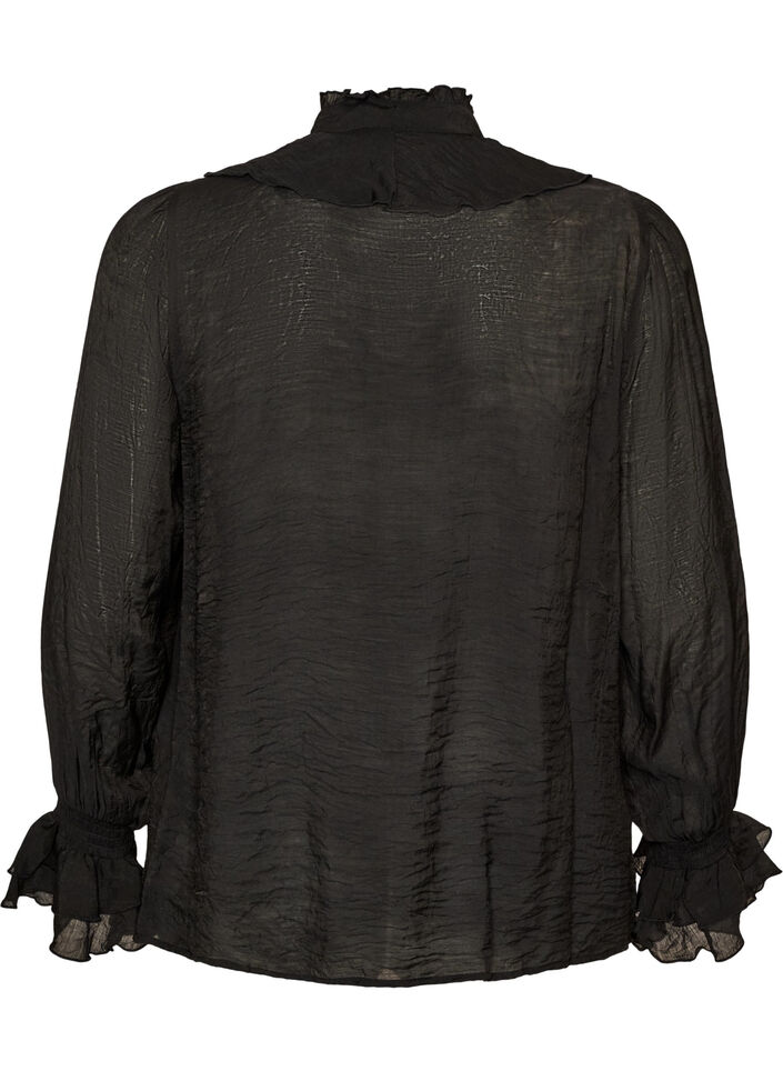 Bluse i viskose med fl&aelig;ser og lange &aelig;rmer, Sort, Packshot image number 1