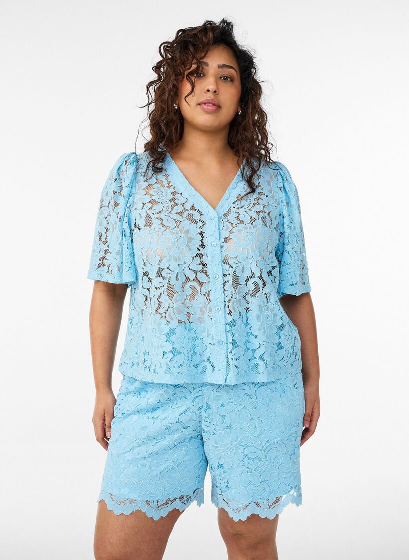 Blondeshorts med h&oslash;j talje og lommer, Bl&aring;, Model image number 0