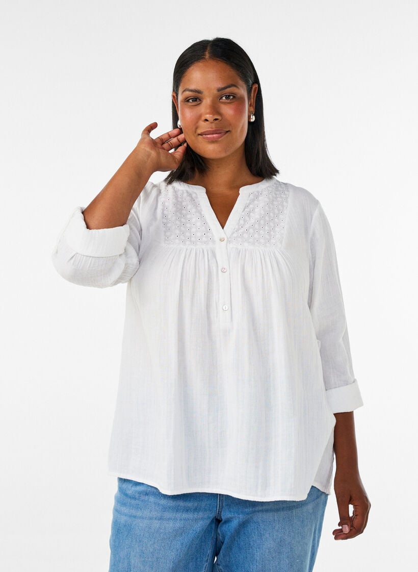 Bluse i bomuldsmusselin med broderi anglaise, Hvid, Model image number 0