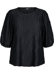 Bluse med tekstur og 3/4 &aelig;rmer, Sort