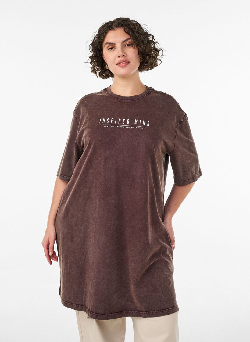 L&oslash;s T-shirtkjole med vasket look, Brun, Model image number 0