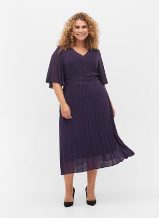 Plissé kjole med korte ærmer, Purple Velvet, Model image number 2