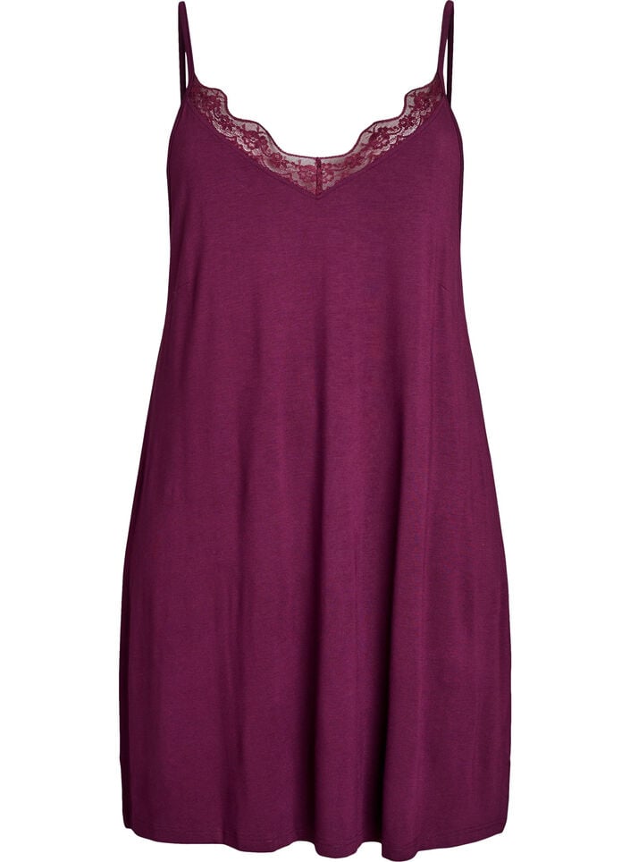 Natkjole med blondekant i viskose, M&oslash;rk Bordeaux, Packshot image number 0