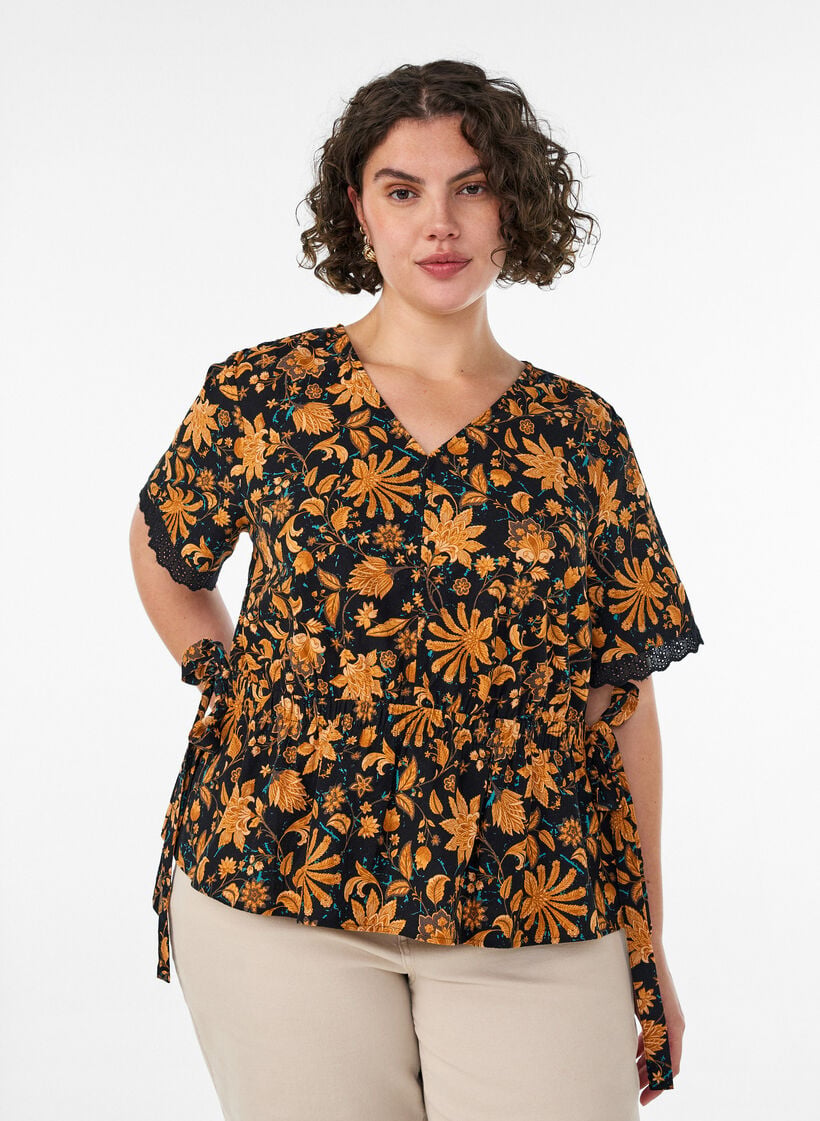 Blomstret bluse i bomuld med bindeb&aring;nd, Orange, Model image number 0