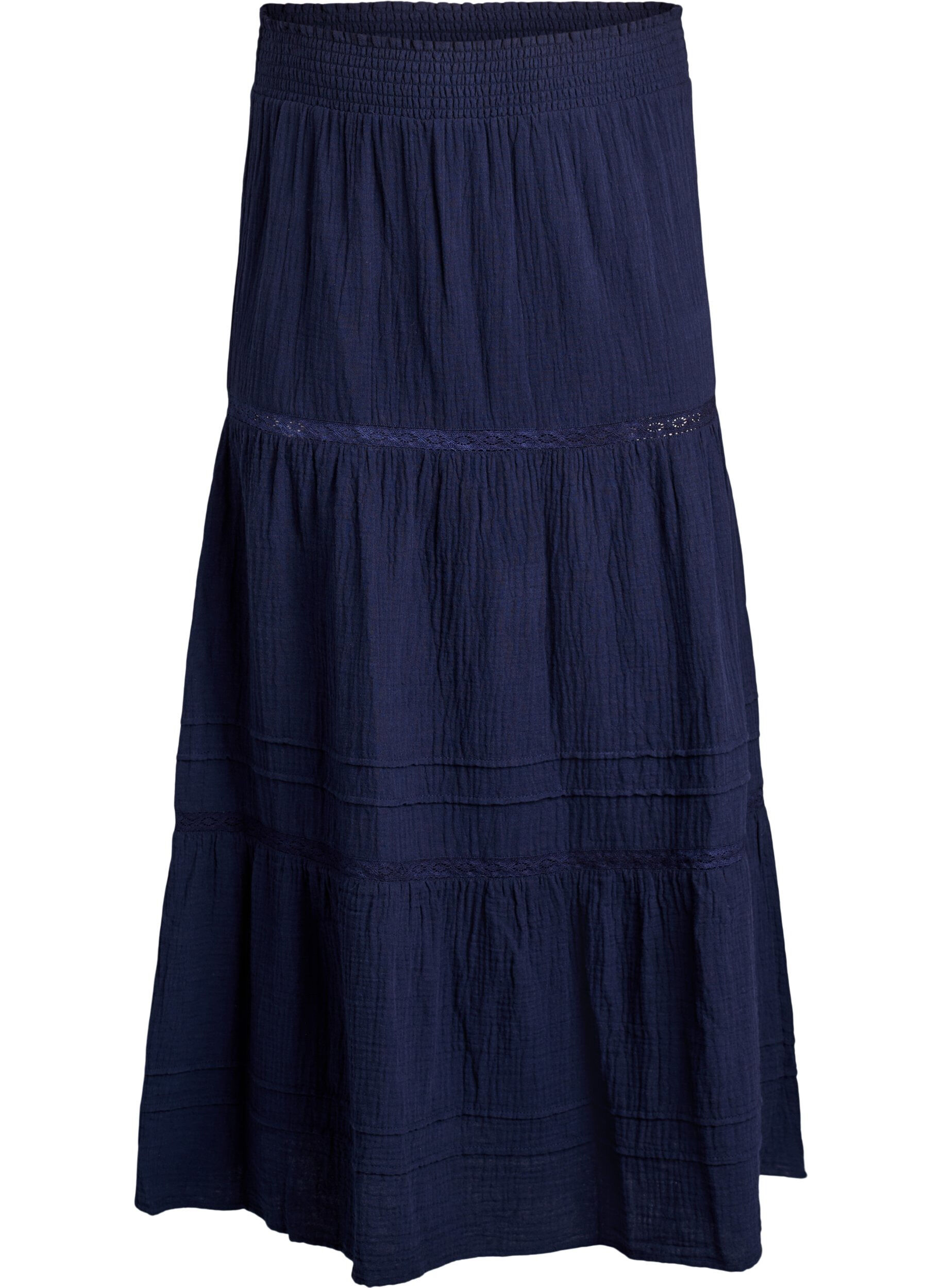 ZizziA-formet midi nederdel i bomuldsmusselin med crochetb&aring;nd, Bl&aring;, Packshot image number 0