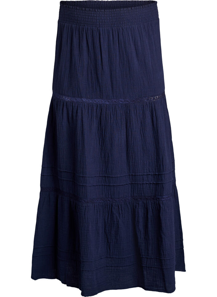 A-formet midi nederdel i bomuldsmusselin med crochetb&aring;nd, Bl&aring;, Packshot image number 0