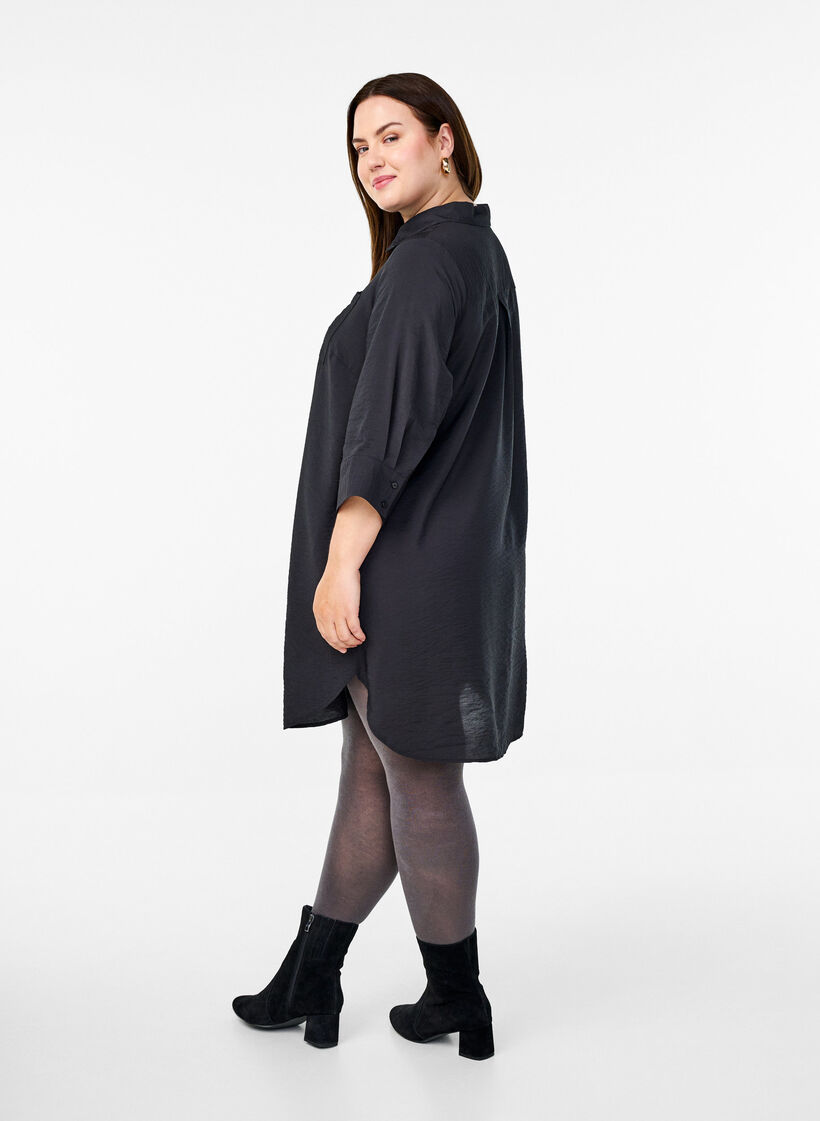Kort kjole med krave og brystlomme, Sort, Model image number 2