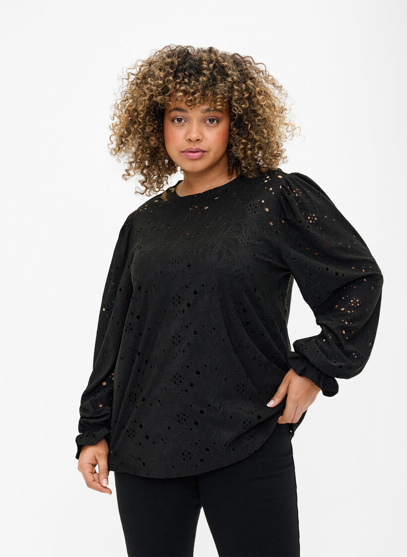 Langærmet bluse med hulmønster, Black, Model image number 0