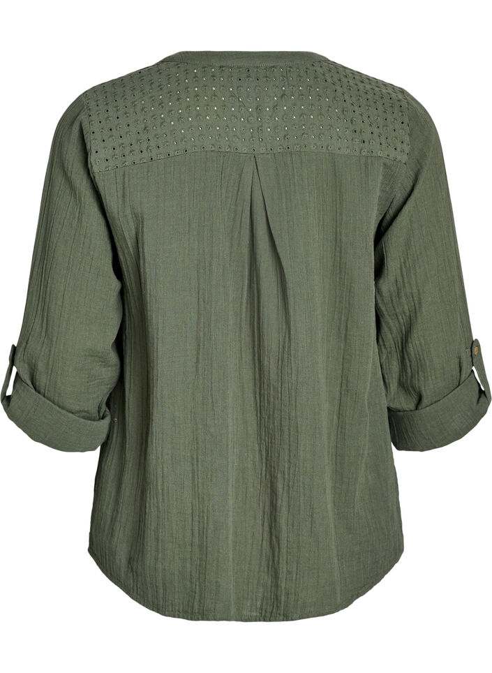 Bluse i bomuldsmusselin med broderi anglaise, Grøn, Packshot image number 1