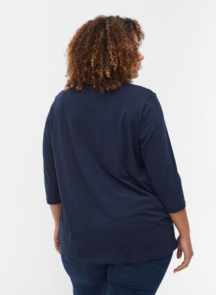 Ensfarvet bomulds t-shirt med 3/4 ærmer, Navy Blazer, Model image number 1