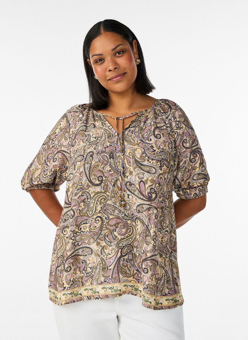 Bluse i viskose med paisleyprint og bindesnor, Gul, Model image number 0