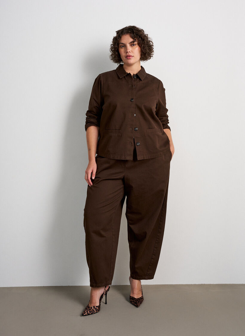 Barrel jeans med h&oslash;j talje og elastisk linning, Brun, Model image number 0