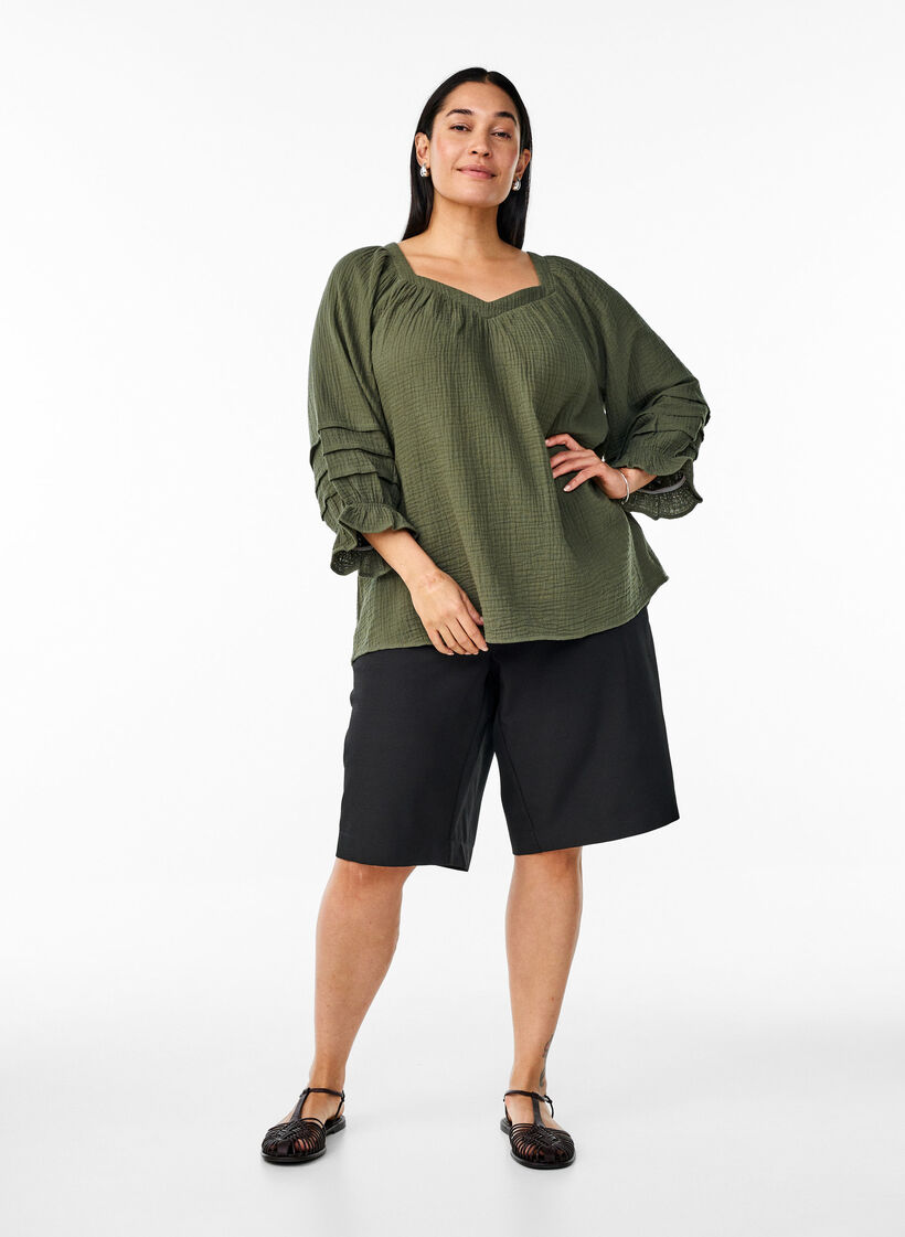 Bluse i bomuldsmusselin med 3/4 ærmer, Thyme, Model image number 2