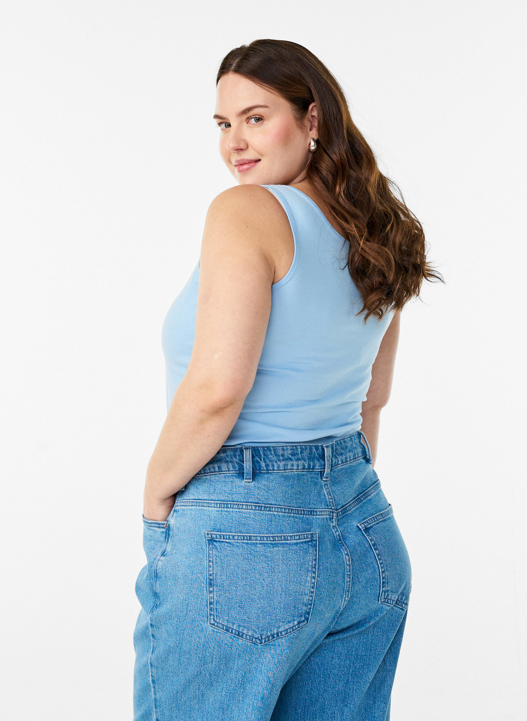 ZizziEnsfarvet basis top i bomuld, Bl&aring;, Model image number 2