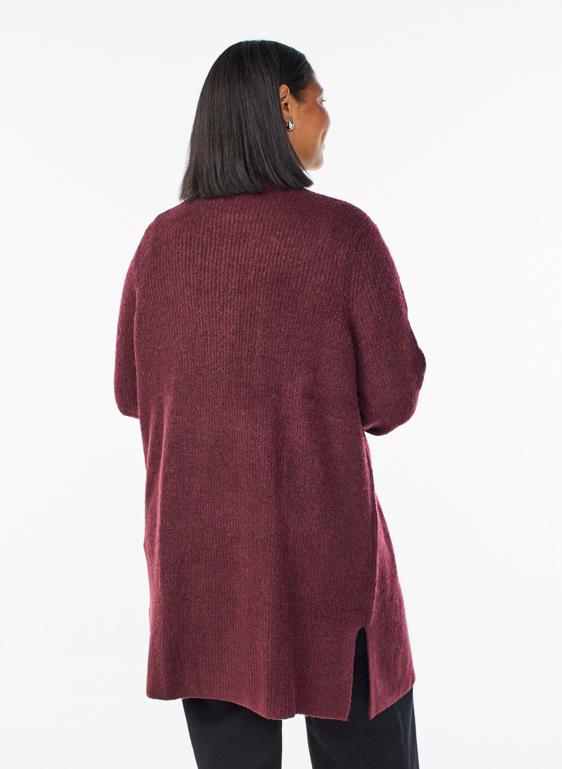 Zizzi FLASH - Lang ribstrikket cardigan med &aring;ben front, R&oslash;d, Model image number 2