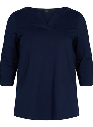 Ensfarvet bomulds bluse med 3/4 ærmer og slids, Night Sky, Packshot image number 0