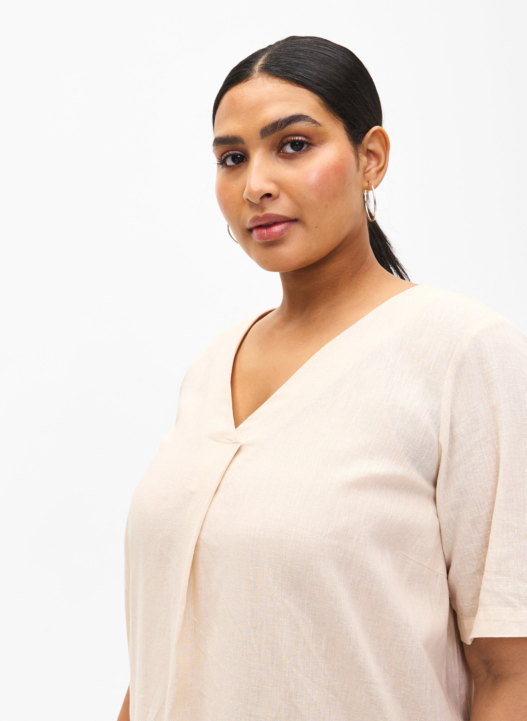 Zizzi Kaftankjole i bomuldsmix med h&oslash;r, Beige, Model image number 3