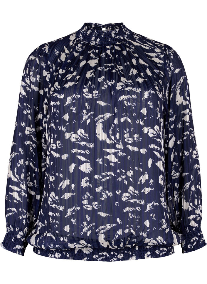 Printet bluse med smock, Blue Leaf AOP, Packshot image number 0