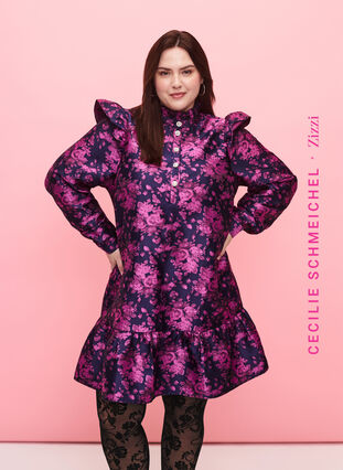 Kjole med flæsedetaljer og perleknapper, Dark Blue Pink, Model image number 0