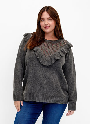 Striktrøje med uld og flæsedetalje, Dark Grey Melange, Model image number 0