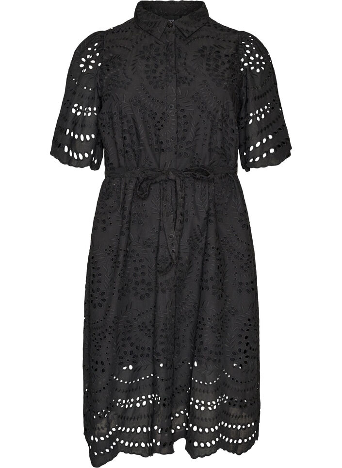 Skjortekjole i broderie anglaise med bindeb&aelig;lte, Sort, Packshot image number 0
