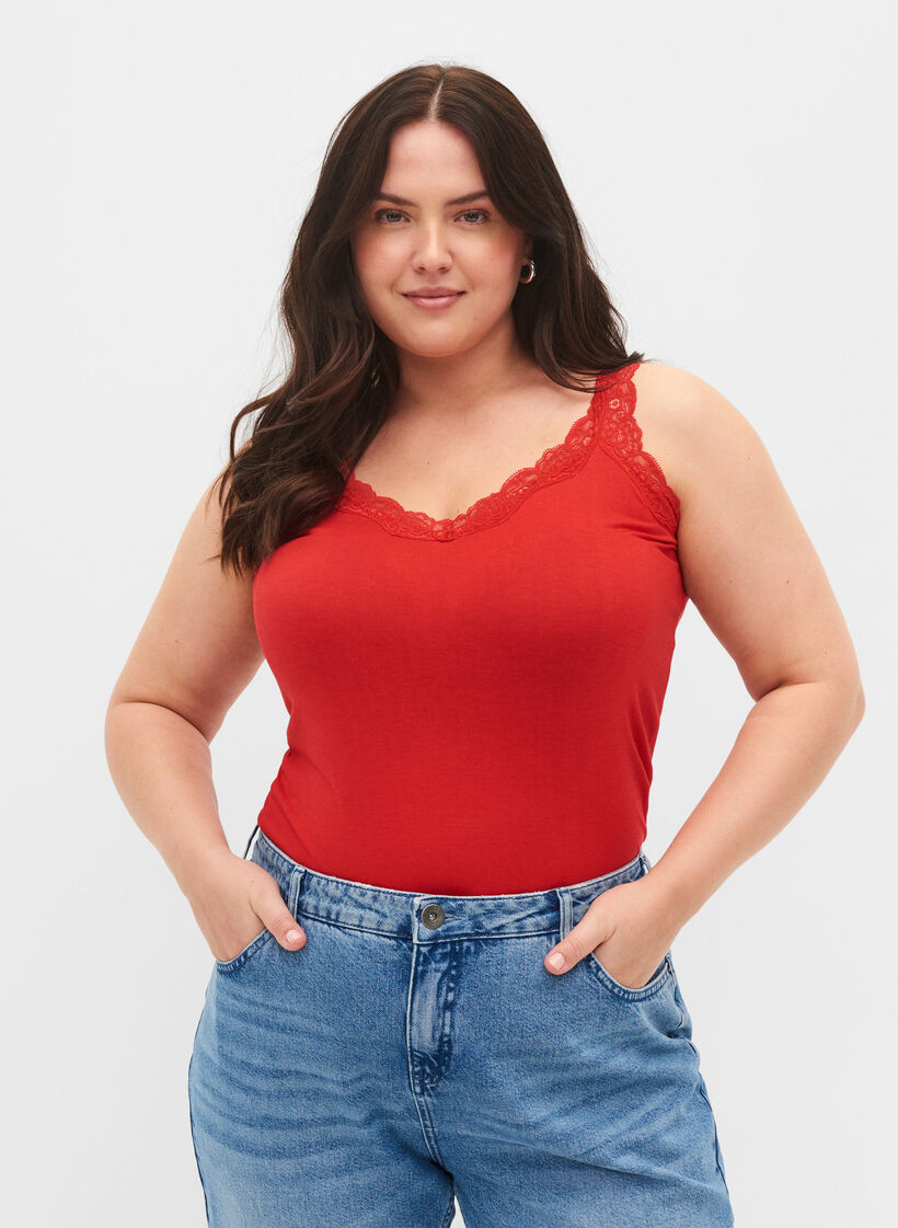 2-pak top med blonder, Black/Chinese Red, Model image number 0