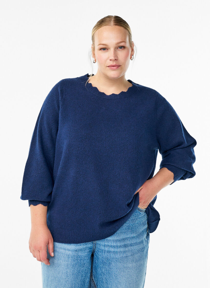 Strikbluse med b&oslash;lgekanter, Bl&aring;, Model image number 0