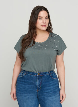 Kortærmet bomulds t-shirt med stjerner, Balsam Green STARS, Model image number 0