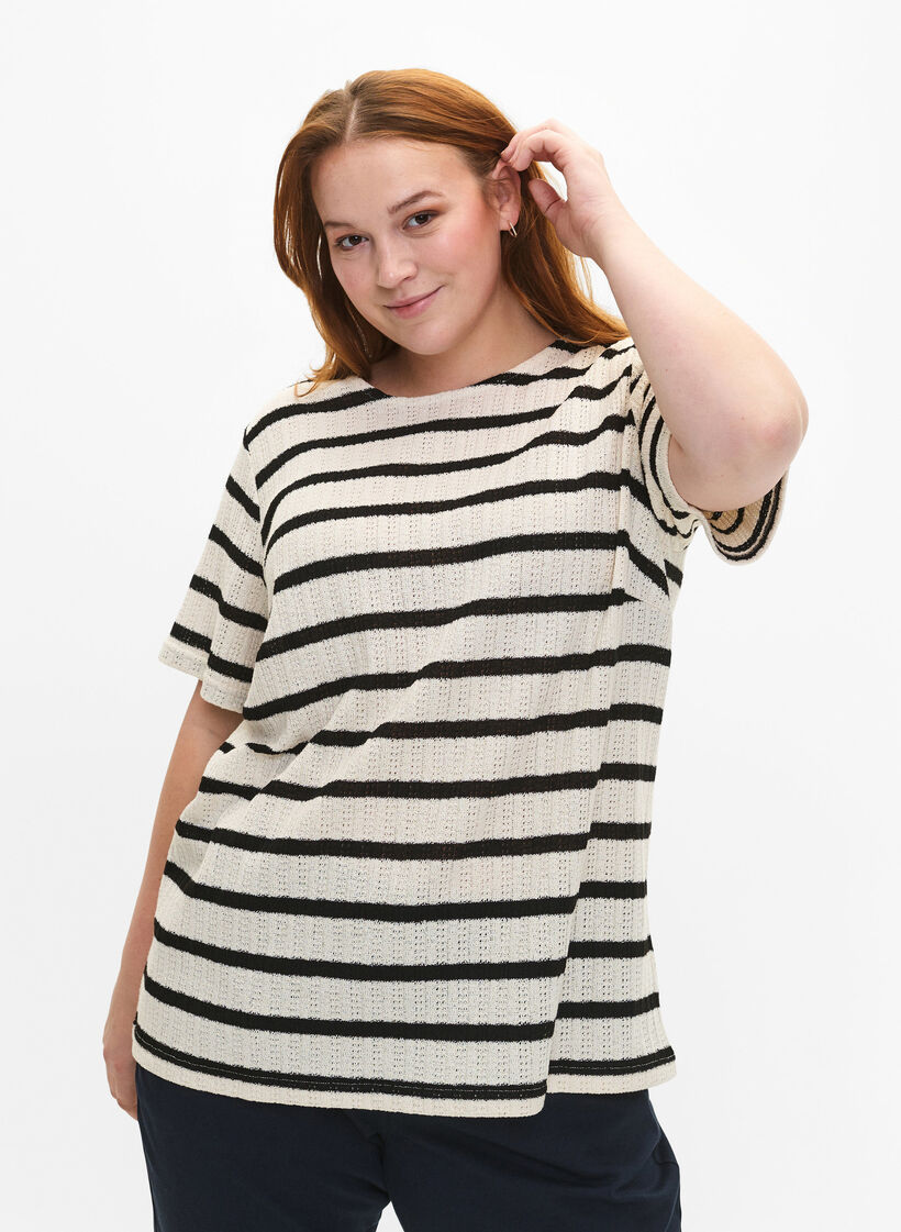 Bluse med korte ærmer og kontrasfarvede striber, Sand Black Stripe, Model image number 0