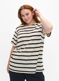 Bluse med korte ærmer og kontrasfarvede striber, Sand Black Stripe, Model