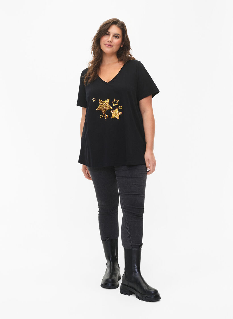 Bomulds t-shirt med pailletter, Black W. Star, Model image number 2
