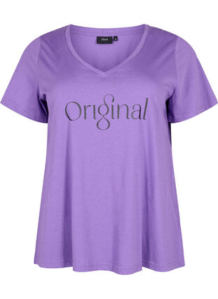 Bomulds t-shirt med teksttryk og v-hals, Deep Lavender ORI, Packshot image number 0