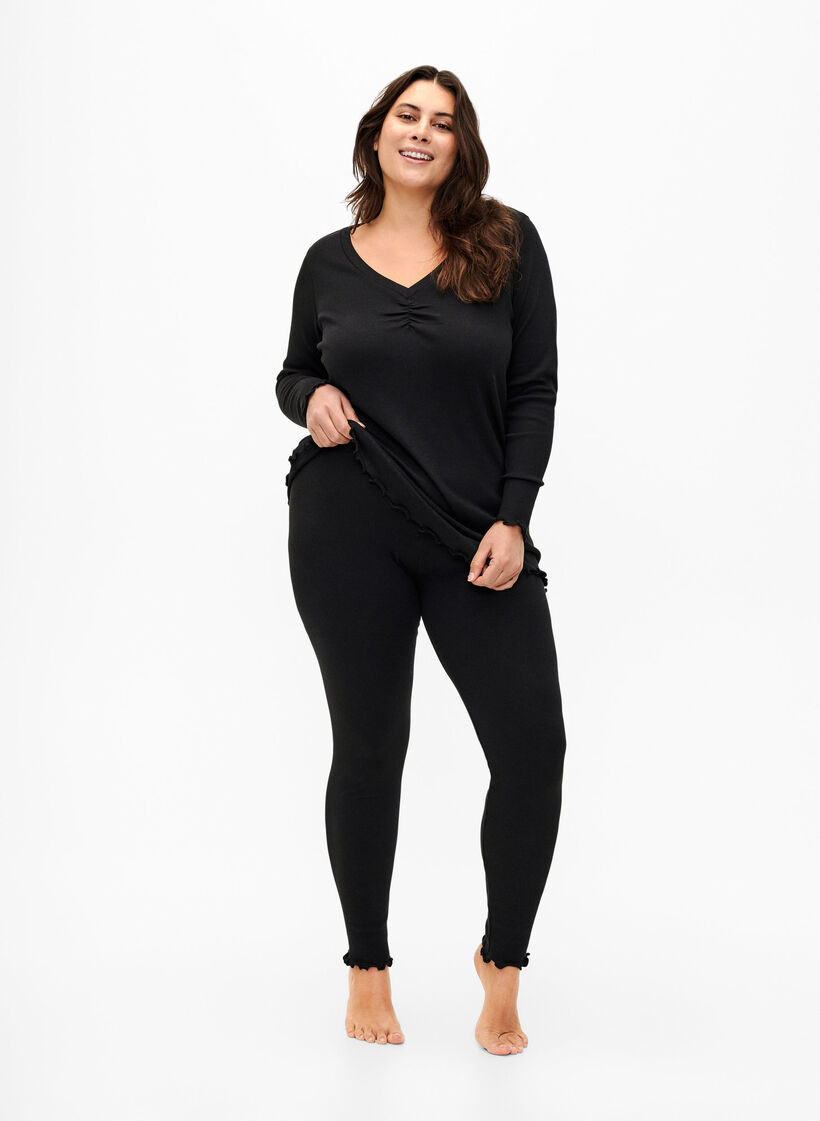 Bluse i rib med lange ærmer og v-hals, Black, Model image number 2