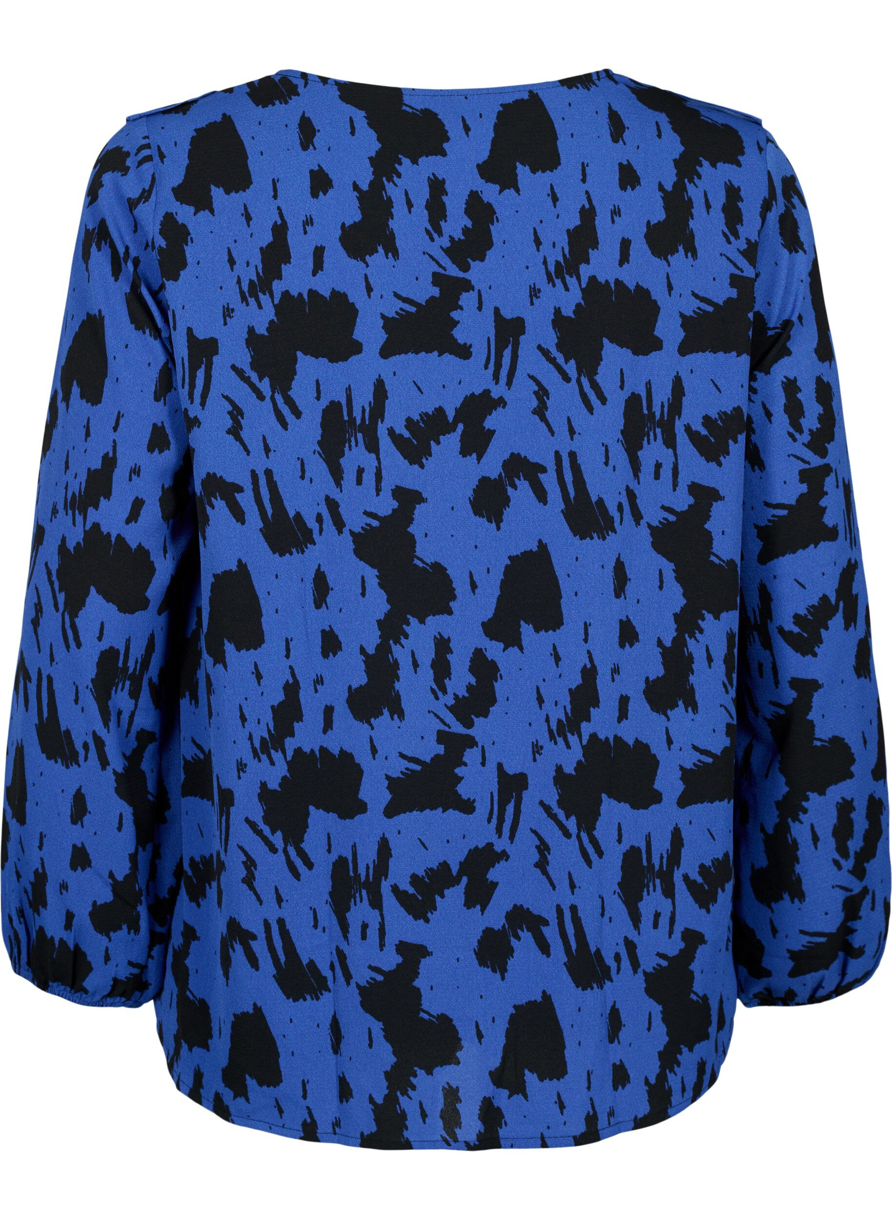 Zizzi Lang&aelig;rmet bluse med fl&aelig;ser, Black Blue AOP, Packshot image number 1