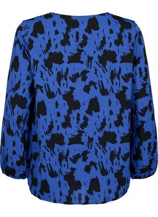 Langærmet bluse med flæser, Black Blue AOP, Packshot image number 1