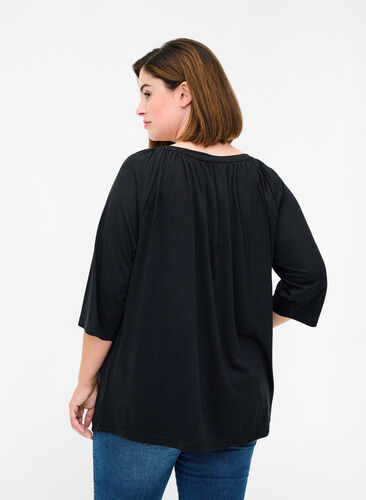 Ensfarvet bluse med 2/4 ærmer, Black, Model image number 1