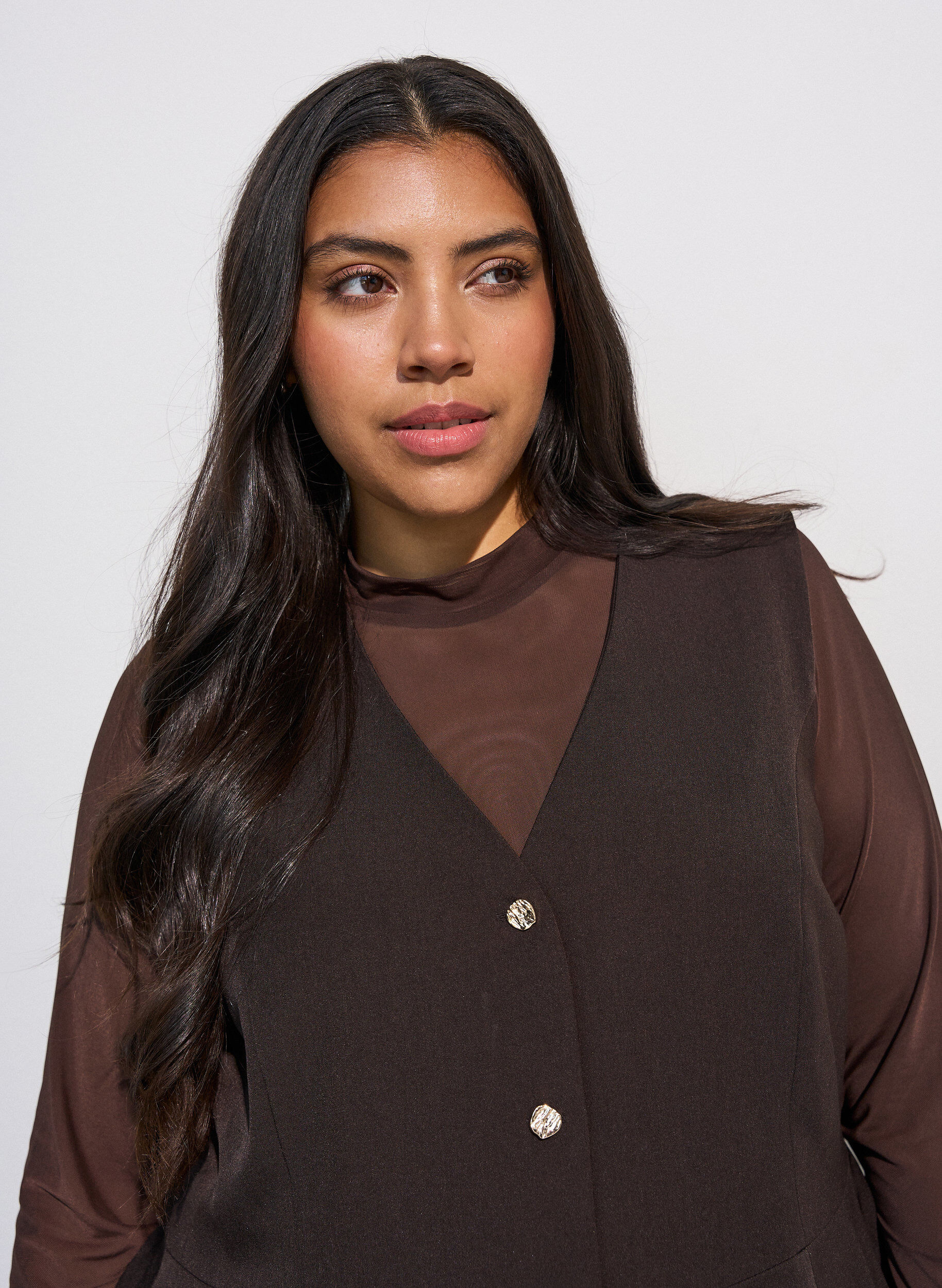 ZizziN&aring;lestribet vest med peplum, Brun, Model image number 3