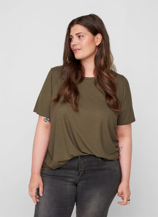 Kortærmet t-shirt i ribkvalitet, Olive Night, Model image number 0