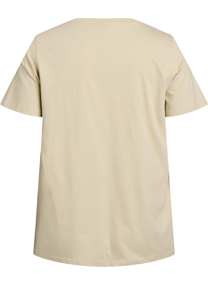 T-shirt i økologisk bomuld med perletekst, Beige, Packshot