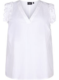 Ærmeløs top i bomuld med flæser, Hvid