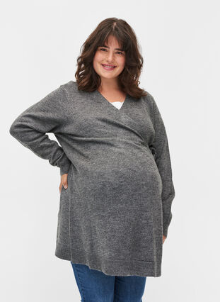 Meleret graviditets strikbluse med wrap , Medium Grey Melange, Model image number 0