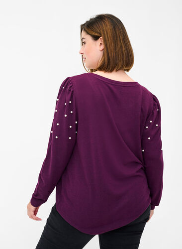 Langærmet bluse med perler, Purple Melange, Model image number 1