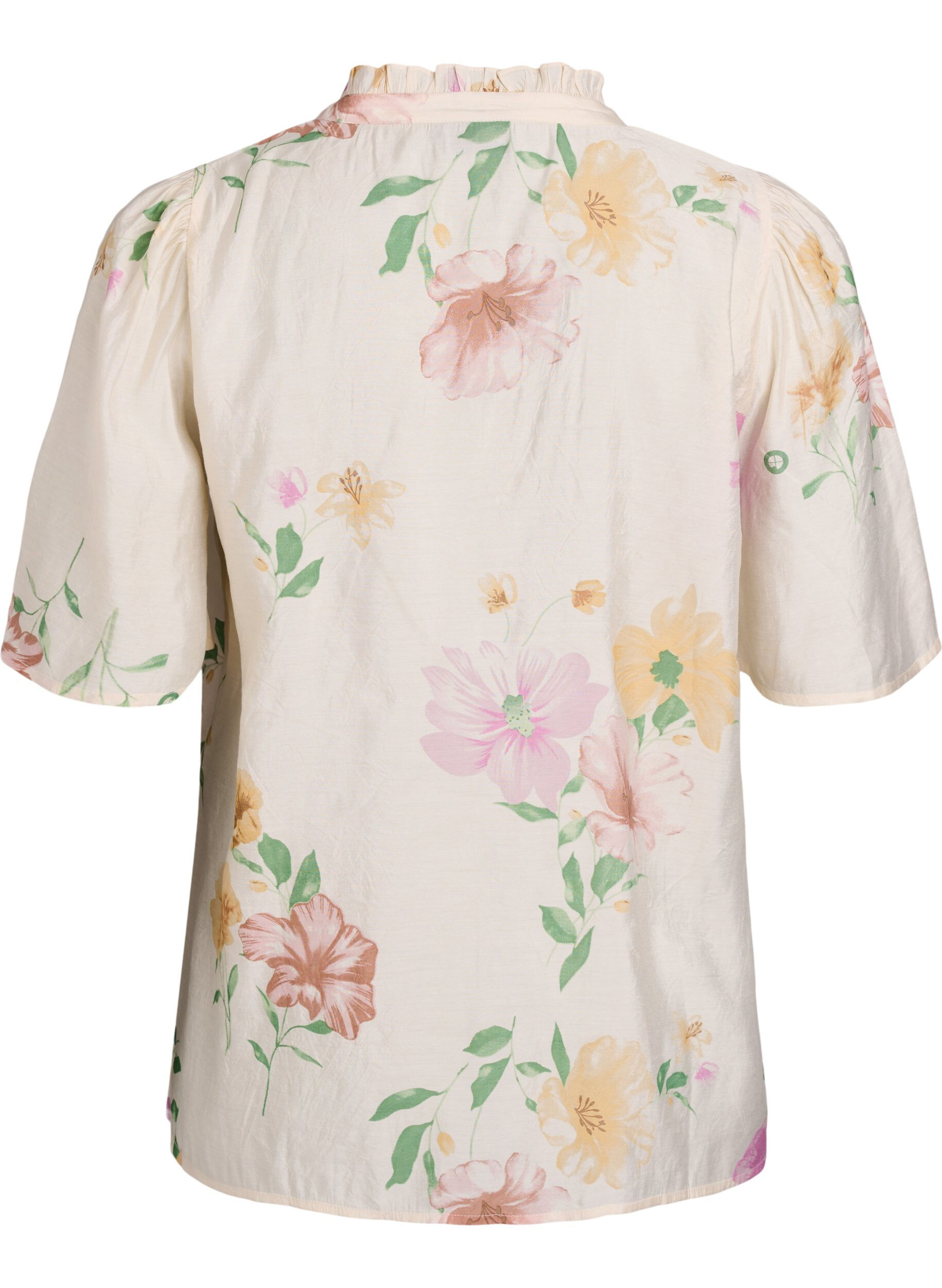 Zizzi Blomstret bluse med fl&aelig;sekrave og 1/2 &aelig;rmer, Beige, Packshot image number 1