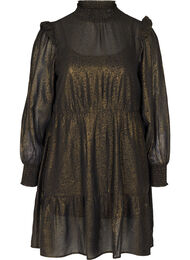 Langærmet kjole med smock og flæser, Black w. Gold