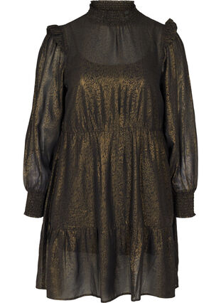 Langærmet kjole med smock og flæser, Black w. Gold, Packshot image number 0