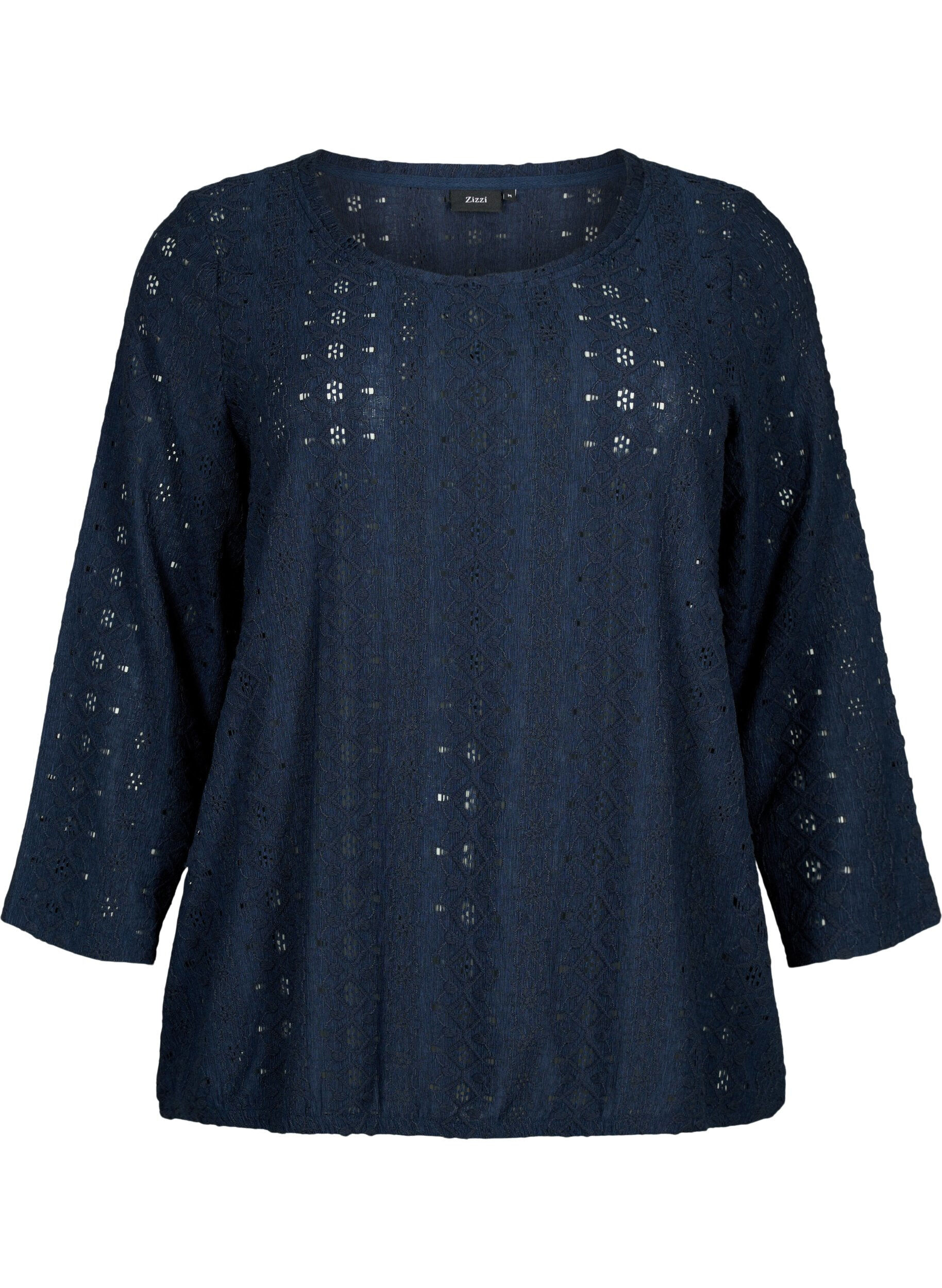 Zizzi Bluse med broderi anglaise og 7/8 &aelig;rmer, Navy Blazer, Packshot image number 0
