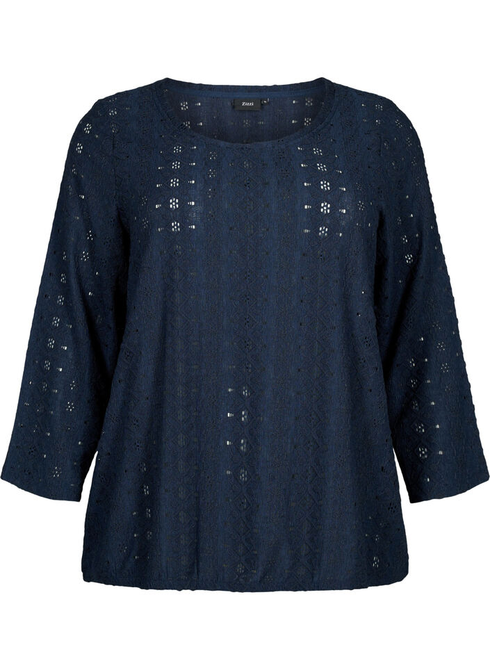 Bluse med broderi anglaise og 7/8 ærmer, Navy Blazer, Packshot image number 0