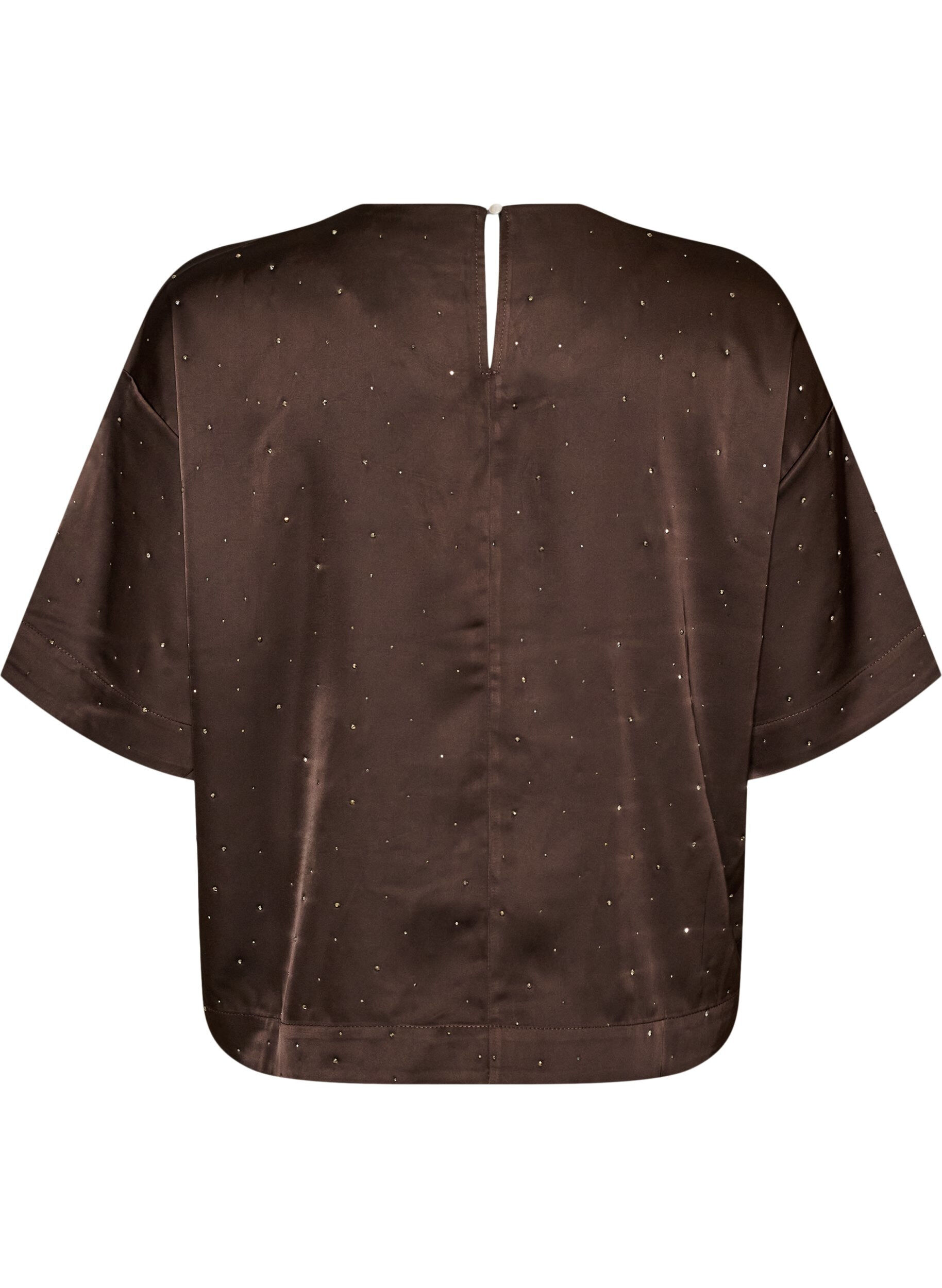 ZizziSatinbluse med rhinsten og albuelange &aelig;rmer, Brun, Packshot image number 1