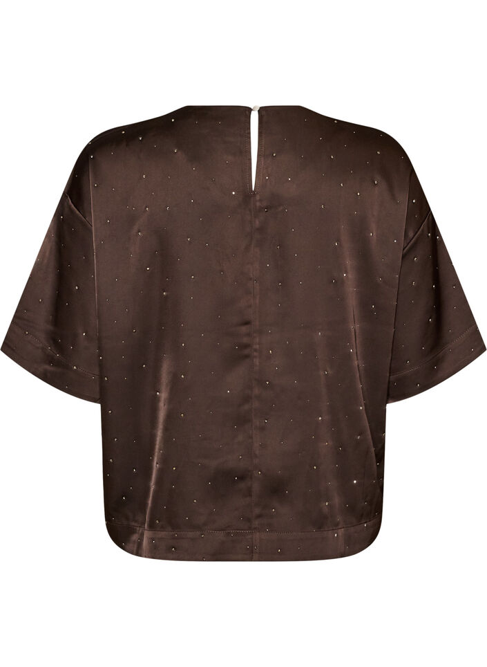 Satinbluse med rhinsten og albuelange &aelig;rmer, Brun, Packshot image number 1