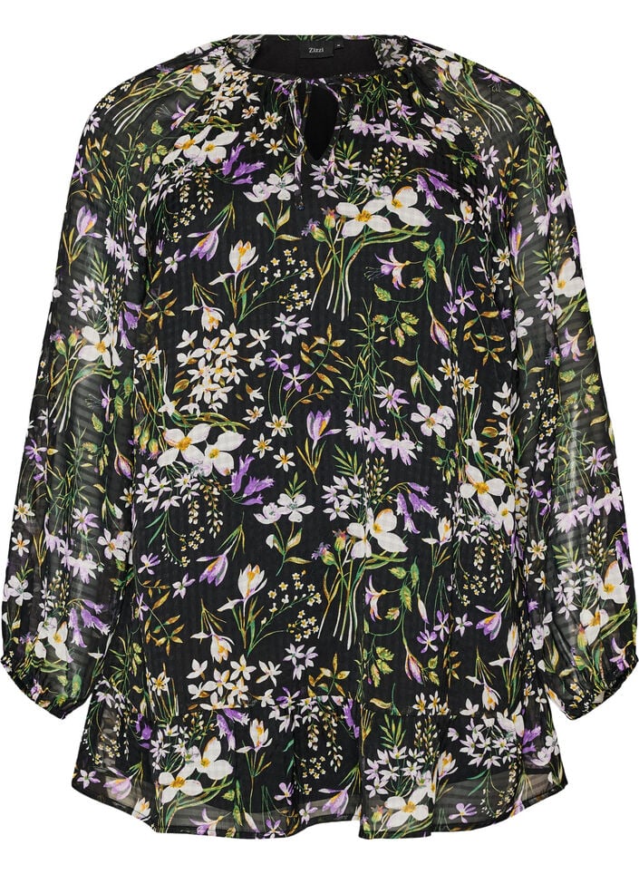 Tunika med blomsterprint og A-form, Sort, Packshot image number 0